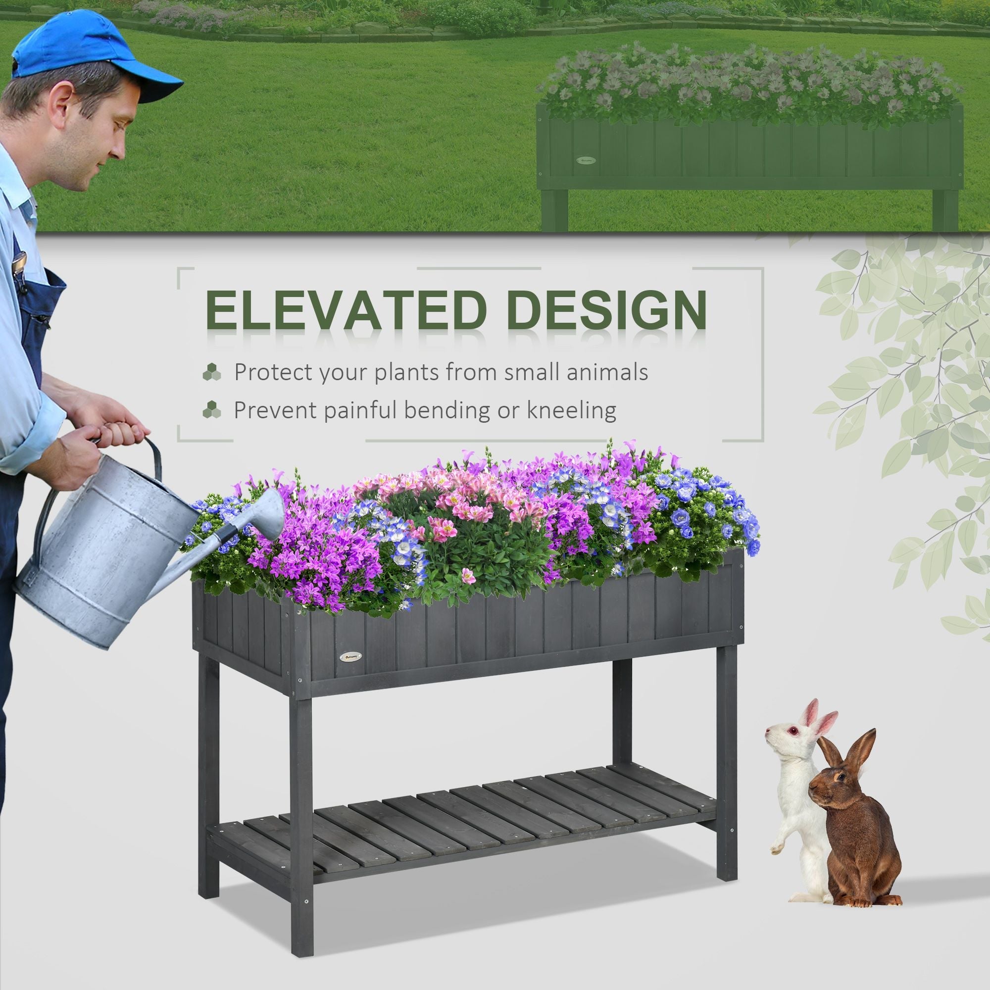 Elevated Planter Box Stand Wooden with 8 Slots and Shelf Dark Grey for Herbs Veggies Flowers