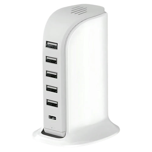 6-in-1 USB Charging Station – 40W Charger Block with 5 USB Ports (Shared 6A) & 3A USB-C Port, Multiport Desktop Charging Hub for Travel & Multiple Electronics